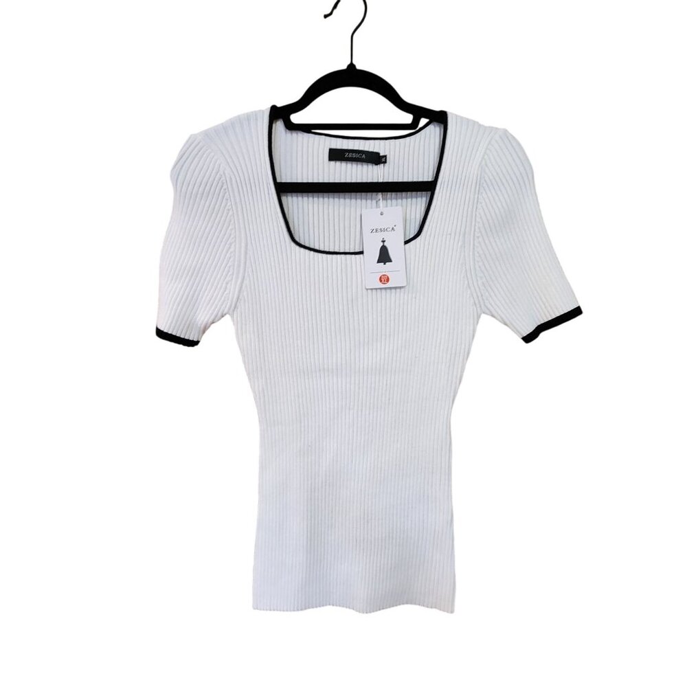 Zesica Womens Ribbed Knit White Top With Black Trim Short Sleeves Square Neck XL